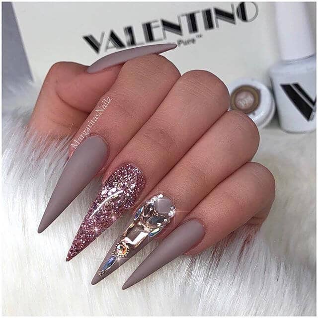 Mink Gray, Glitter and Gemstone Accent Nails