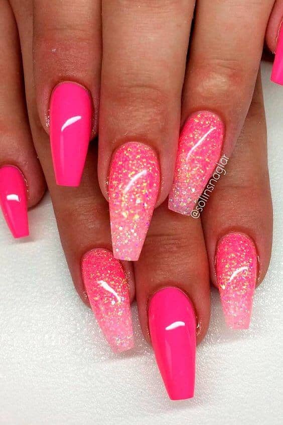 Hot Pink Shiny Nails and Glitter