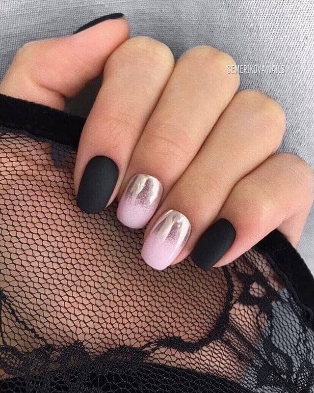 Matte Black and Pink Chrome Ombre Nails