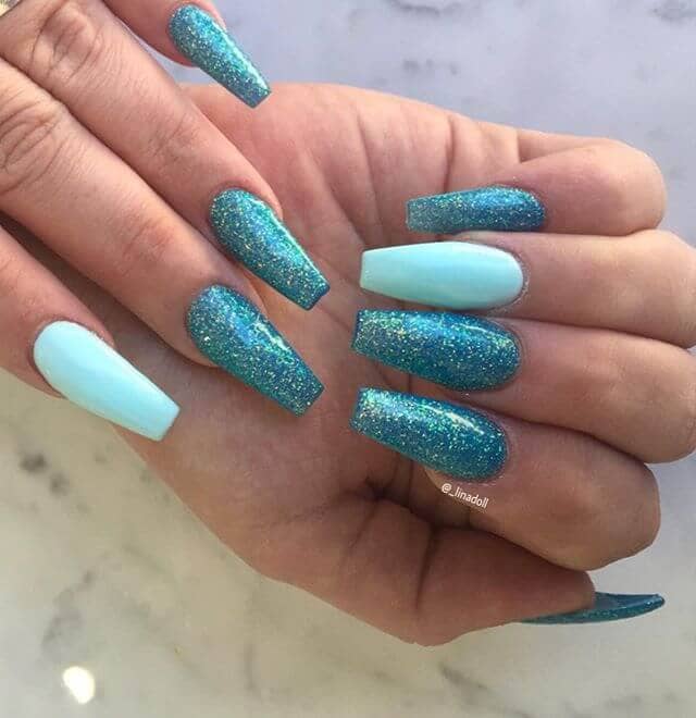 Tiffany Blue Glitter Nails With Cream Accent