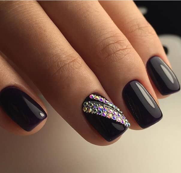 Classic Black Nails with Crystal Embellishments
