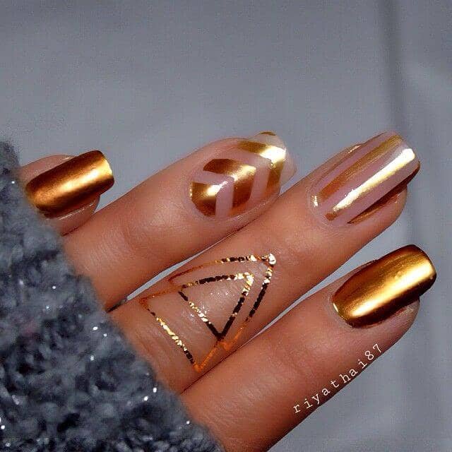 Simple Geometric Designs in Gold Chrome Nails