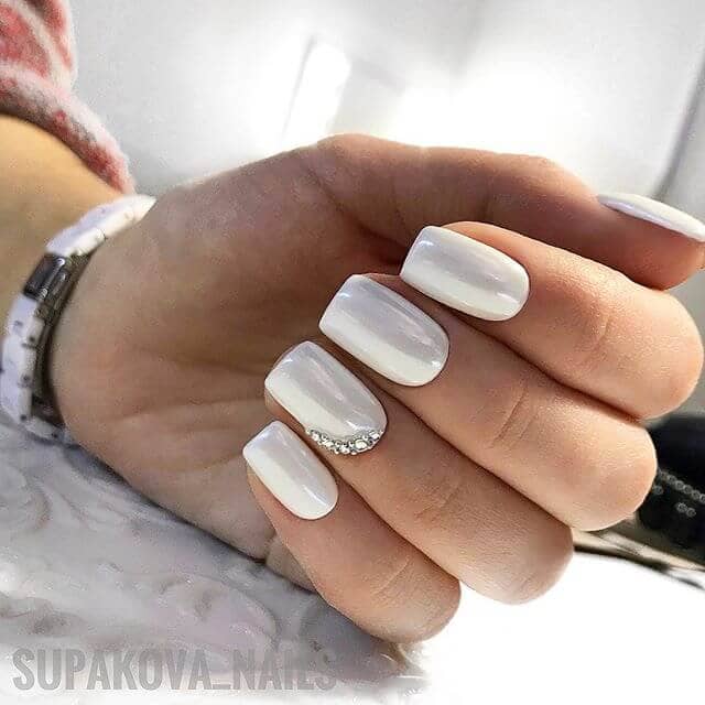 Glossy White Nails with Crystal Shine