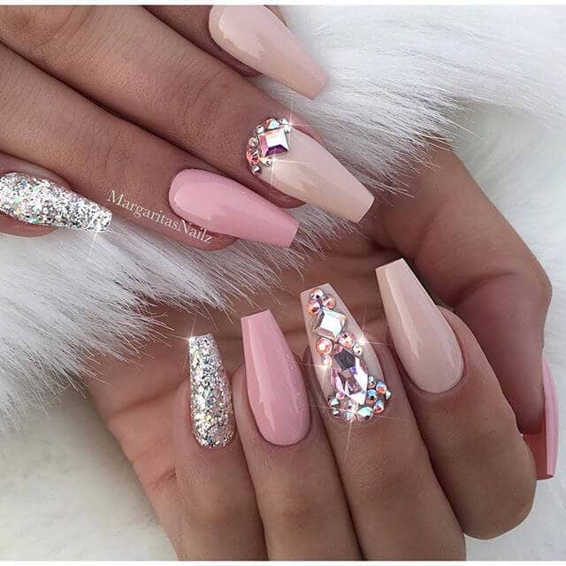 Pink Glitter and Gemstone Nail Art Designs