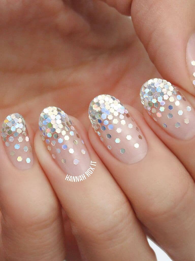 Natural Nails With Hexagonal Glitter Nail Art