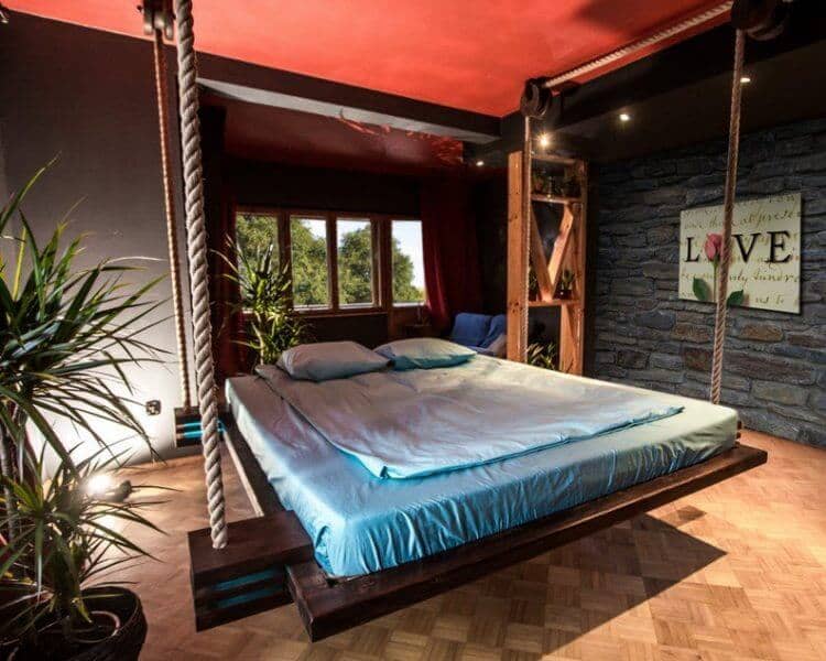 Floating Platform Bed With Rope and Pulley Posts