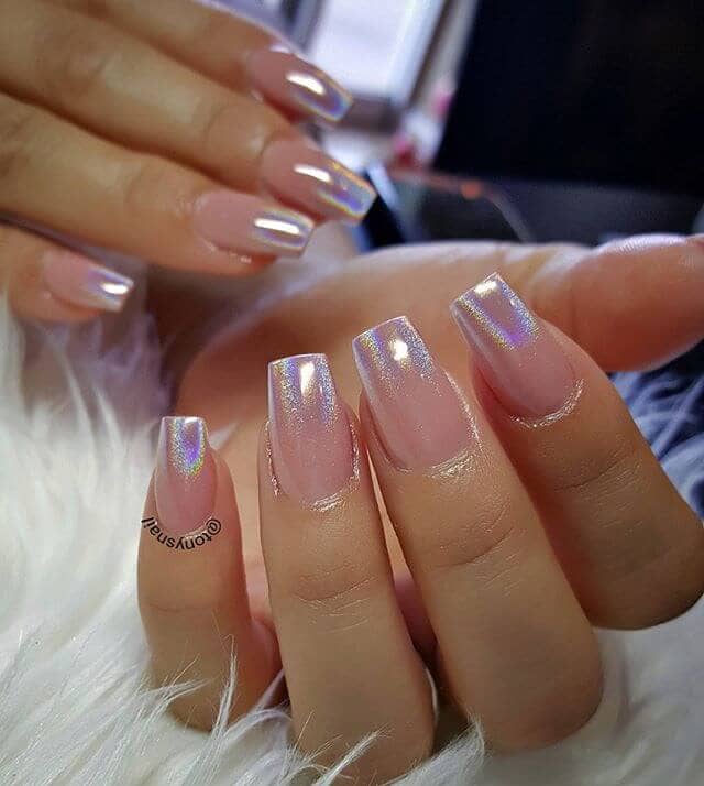 Sheer Baby Pink Satin to Chrome Ombre from Nail Salons
