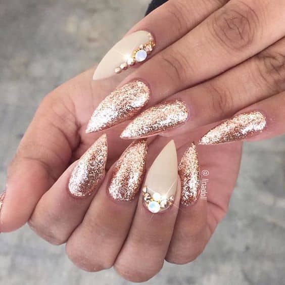 Beige Cream and Gold Glitter Nails