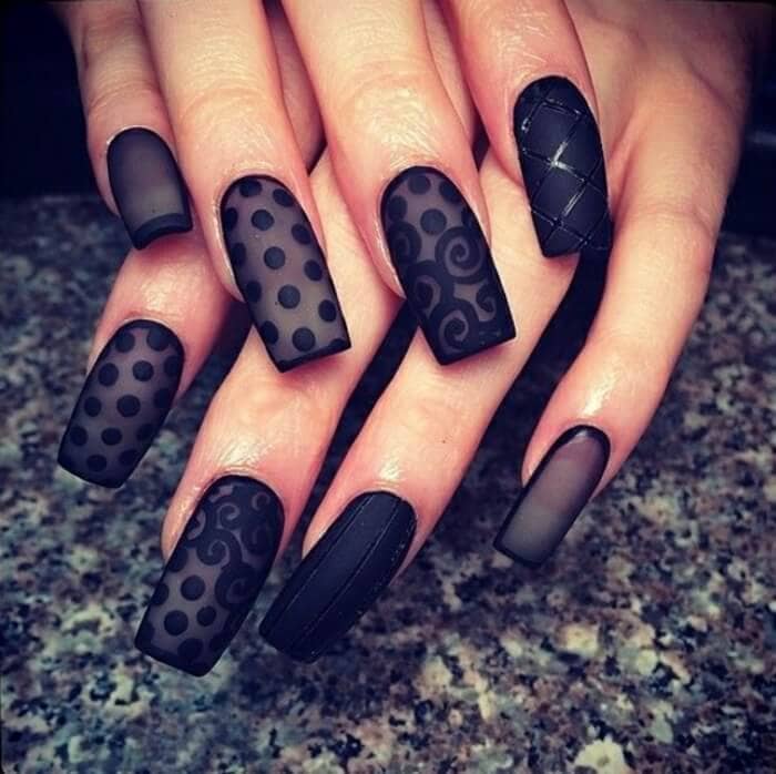 Goth-inspired dots- lace and hose coffin nail design