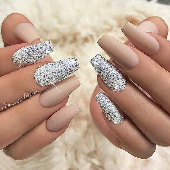 Matte Nude With Silver Glitter Nails