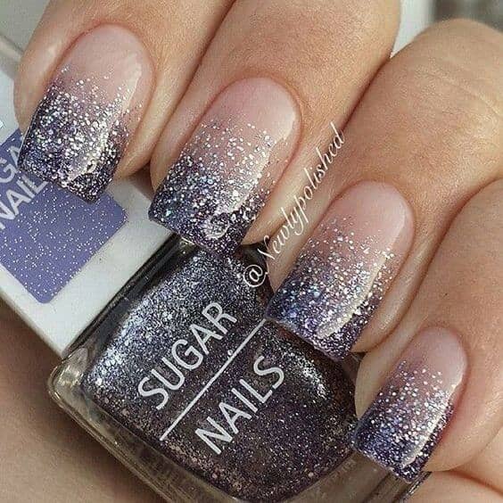 Neutral Nails With Plum Glitter Ombre
