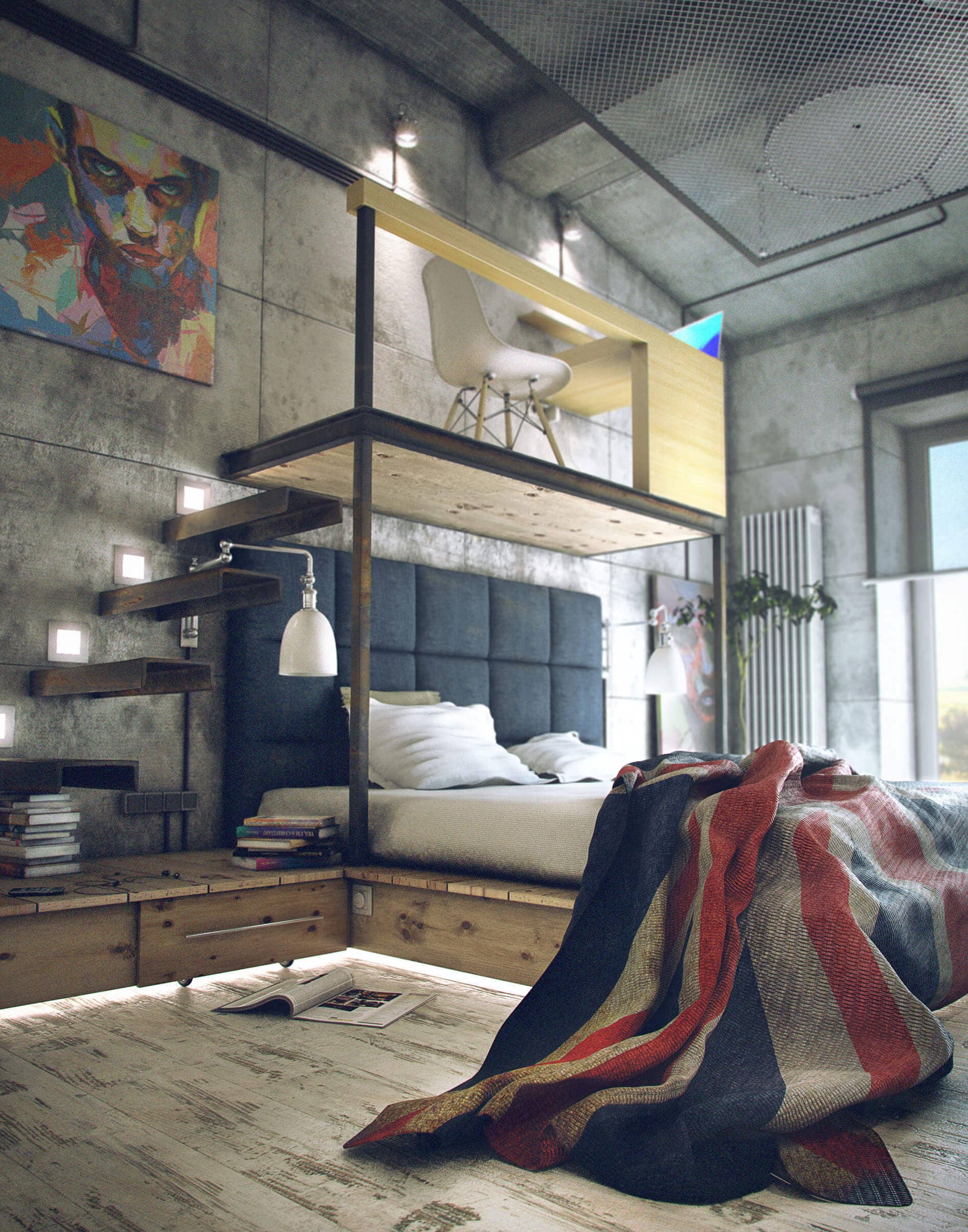 Warm Industrial Loft Bed With Quilted Headboard