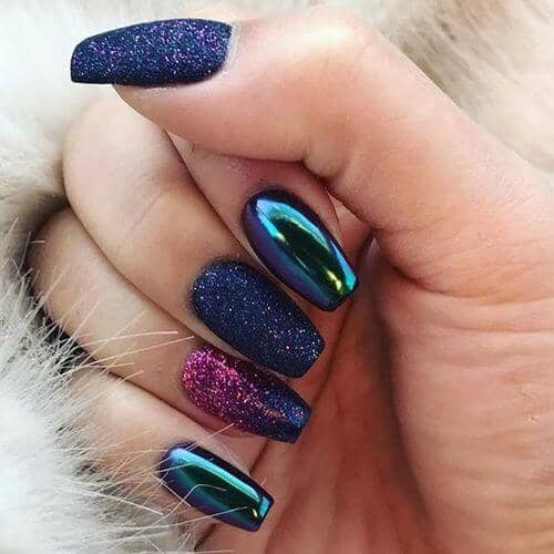 Galaxy-Inspired Purple and Pink Glitter Nails, Red Chrome Nails