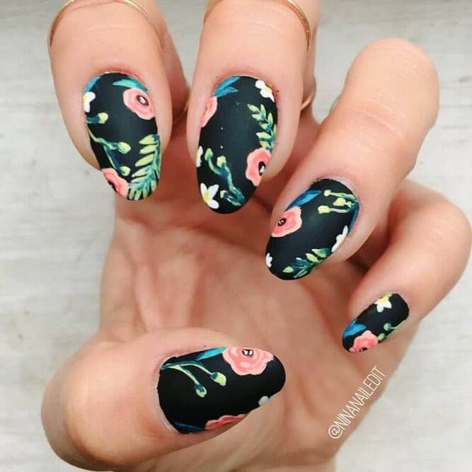 Bright tropical flowers art inspired oval nails