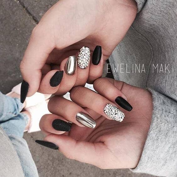 Black and Silver Matte and Metallic Nails, Nude Nails