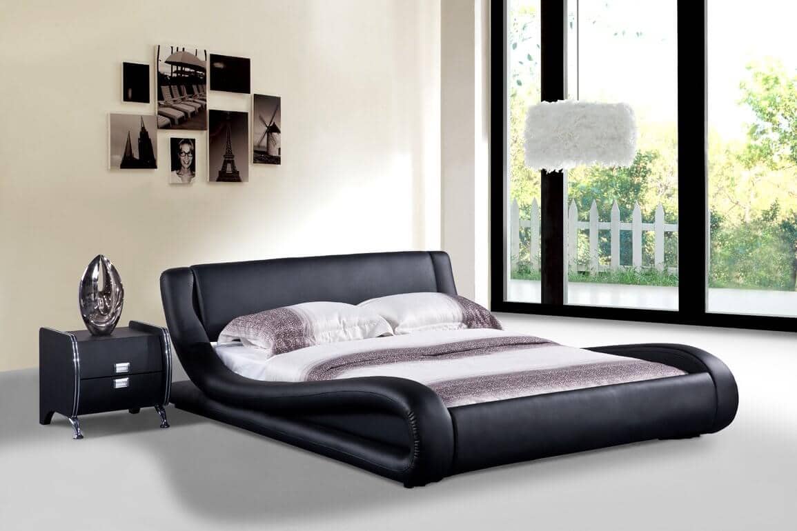 Leather Finish Black Bed With Contemporary Curves