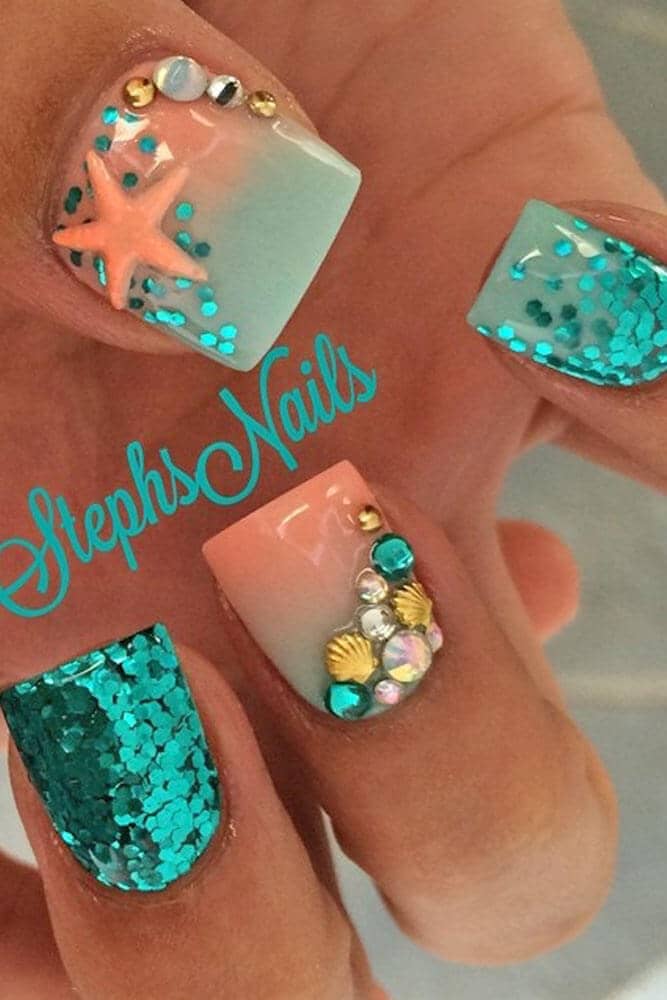 Embellished Teal and Orange Ombre Sparkle Nails