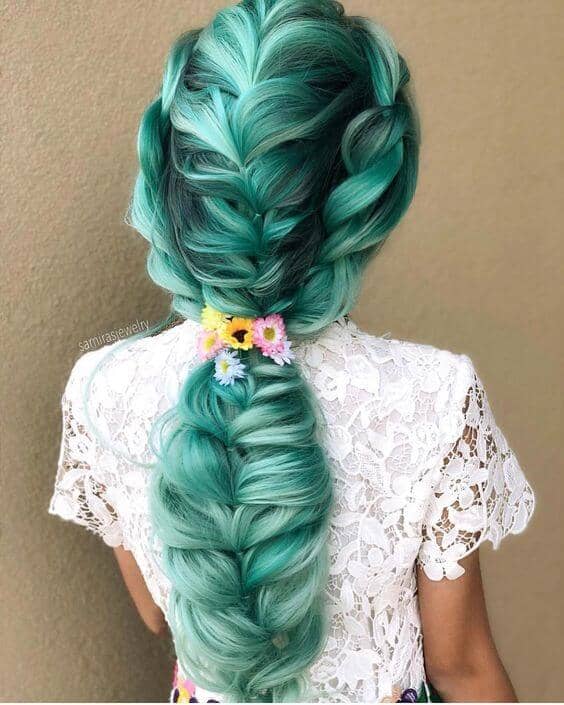 Long Fishtail Braid with Teal Hair