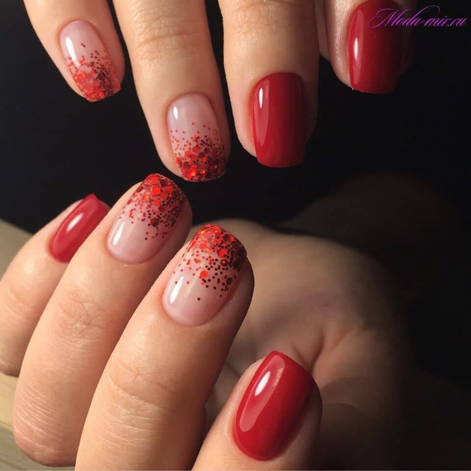 Chunky Red Glitter and Short Nail Manicure