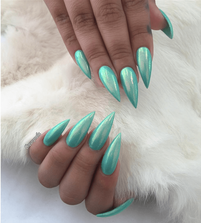 Sharp and Unique Cyan Coffin Nails Glitter