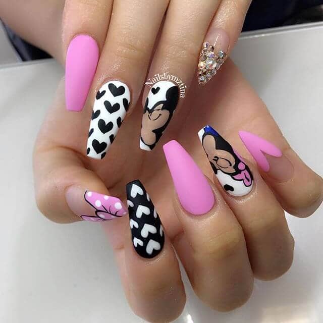 Coordinating Black, Pink, And Disney Nail Art Designs Black and Pink Nails