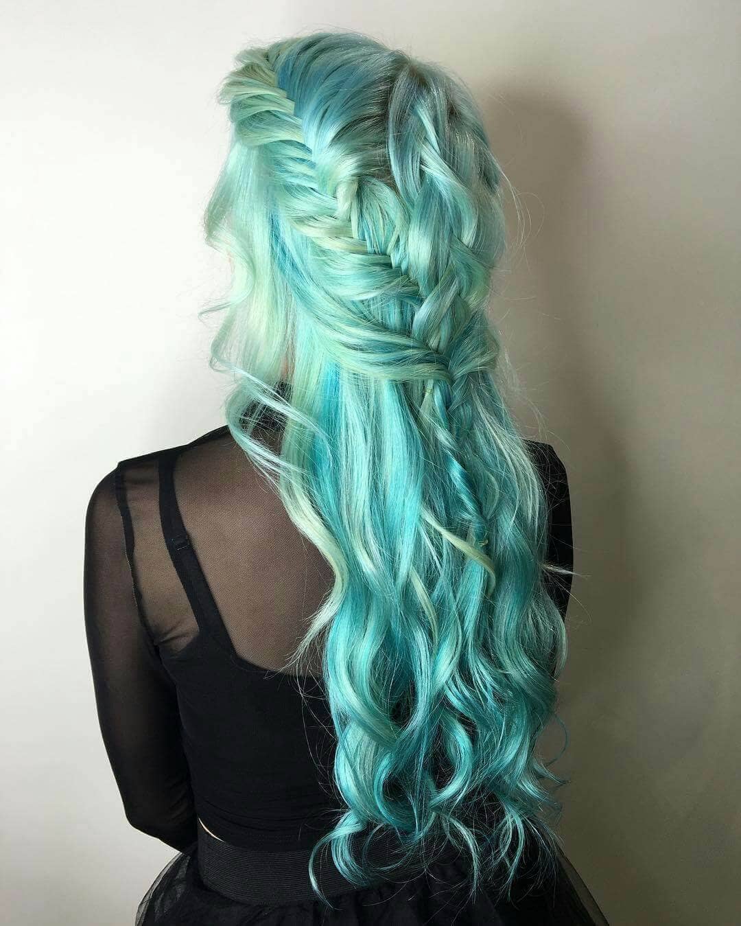 Braided and Curled Turquoise Hair