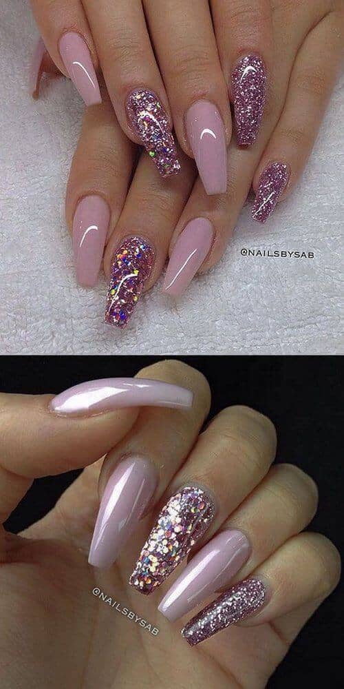 Long Glittery Nails With Pink Accents