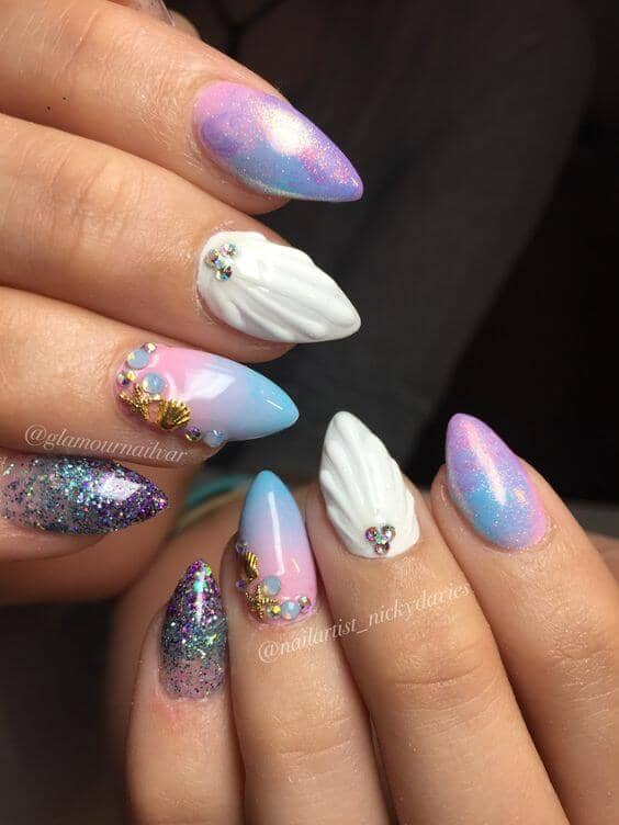 3D White Seashells and Fairy Dust Nails