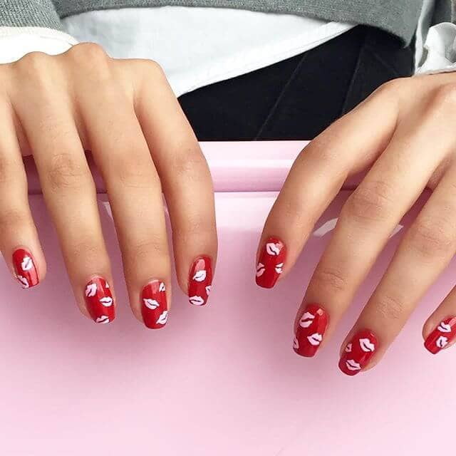 Cute Kisses Red And White Lips Nail Design