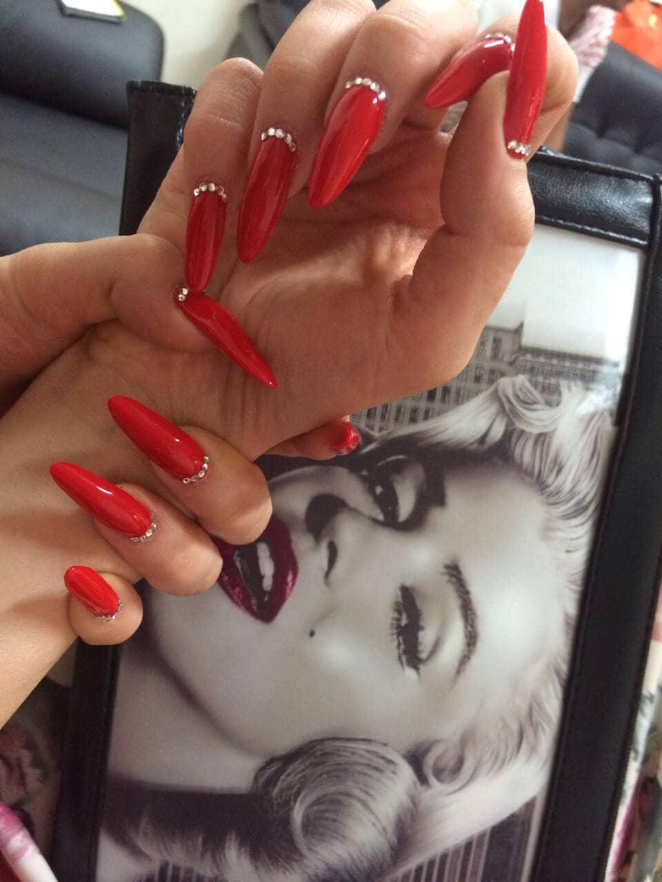 Diamonds And Red Long Nail Design