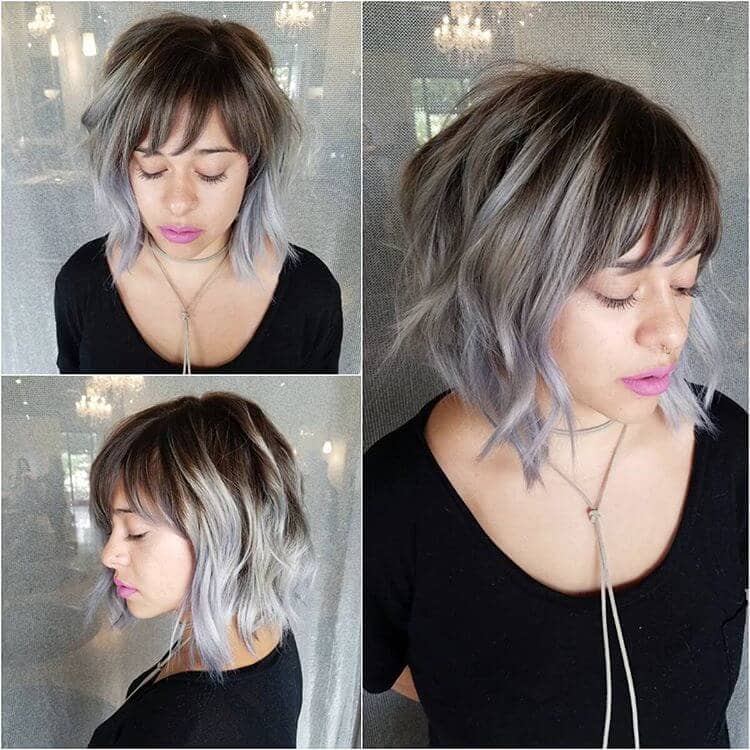 Wavy Silver Ombre Lob With Wispy Bangs