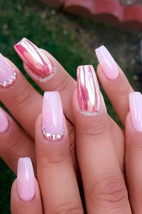 Chrome, Rhinestone, And Pink Nail Design