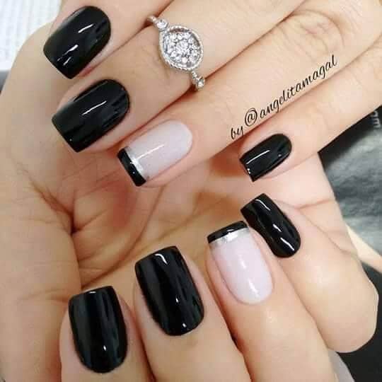 Black Nail Design with Striped Tips