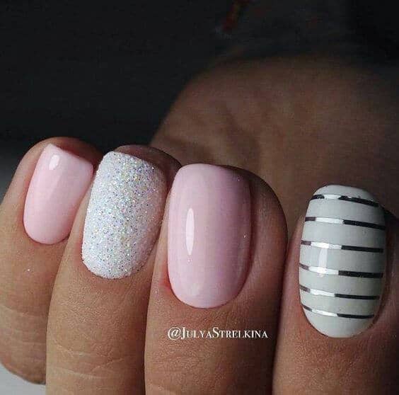Tailored Silver Stripes Pink And Silver Nail, Pink and White Nails