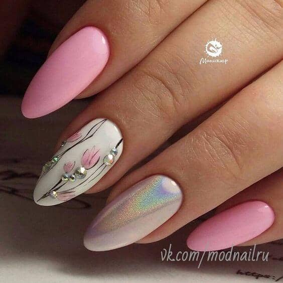 Japanese Art Inspired Flowers And Shimmer Nail Art Designs