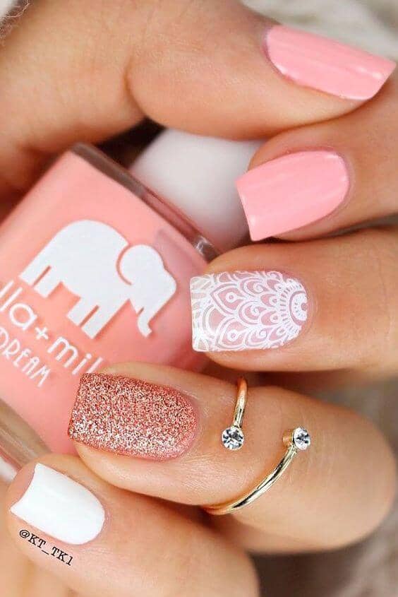 Henna Inspired Peachy Pink Beach Nails, Pink and White Nails