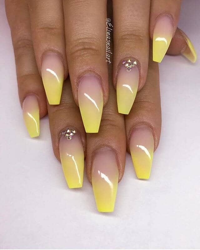 Yellow Ombre Acrylic Nails With Diamond Details