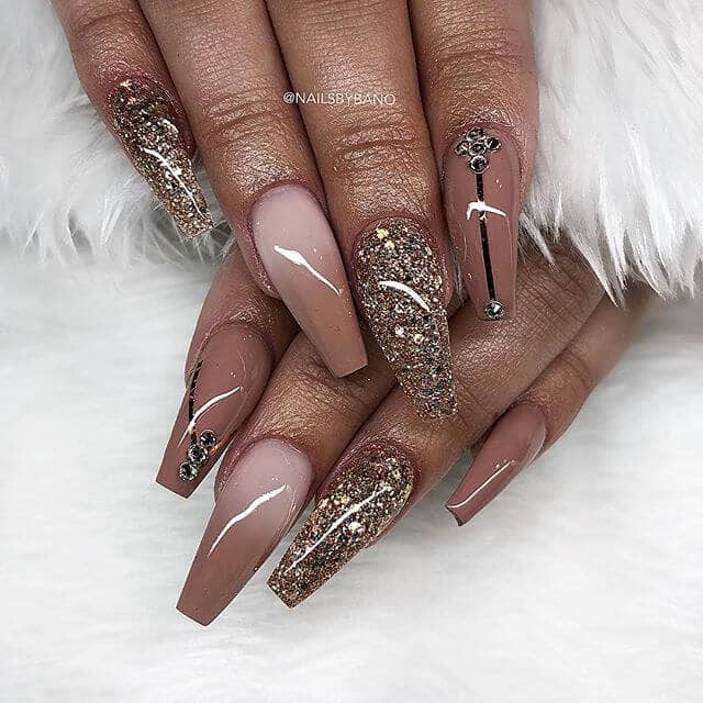 High Gloss Gold and Tailored Rhinestone Nail Art