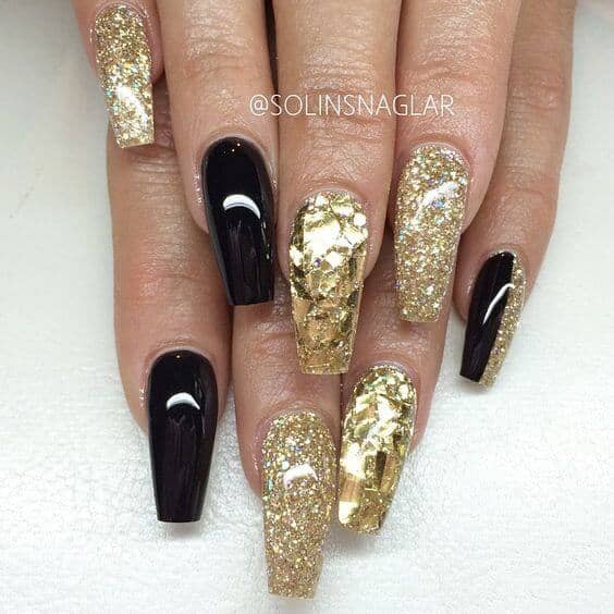 Black and Gold Coffin Shape Nail Design