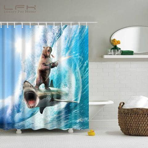 Shark and Bear Surfing Shower Curtain