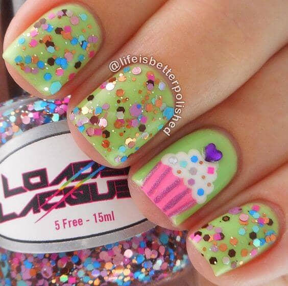 Sweet Cupcake Nail Design with Glitter