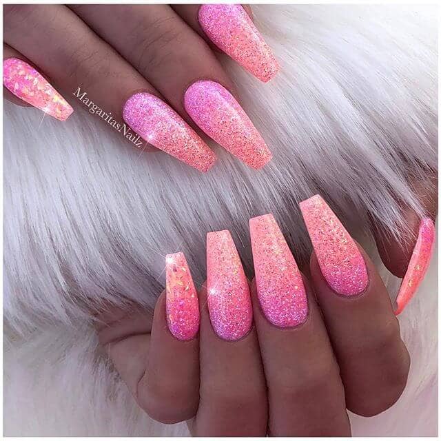 Ultra Glitter Pink And Orange Ombre Nail Shape