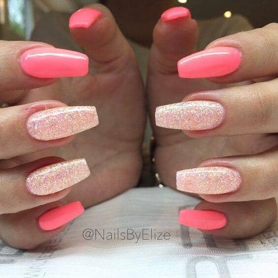 Beachy Coral And Glitter Nail Design