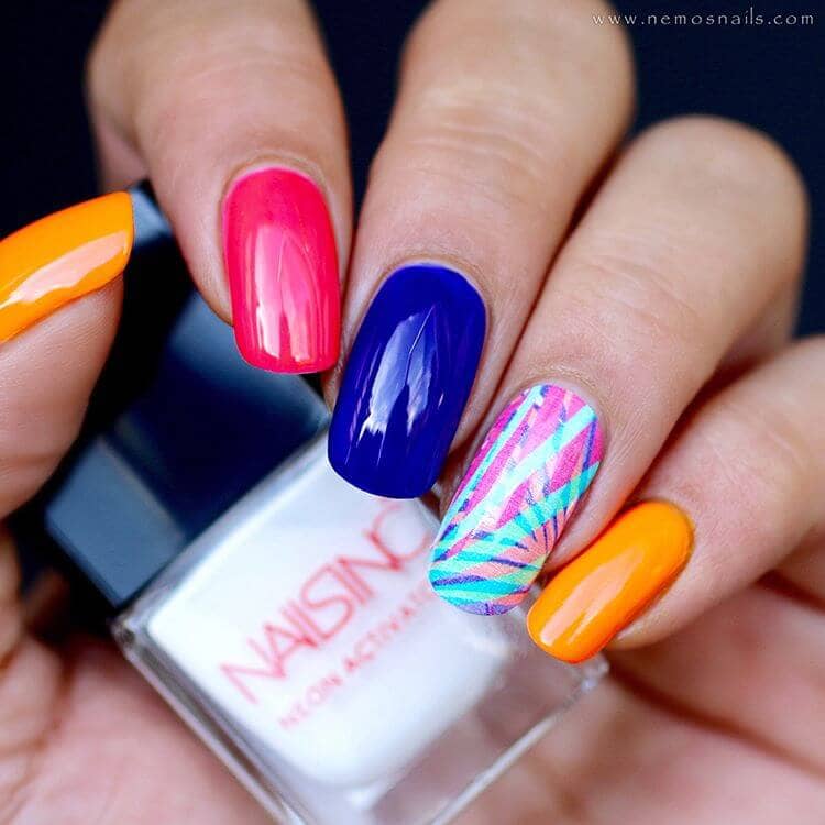 Candy Colored Nails with a Palm Design