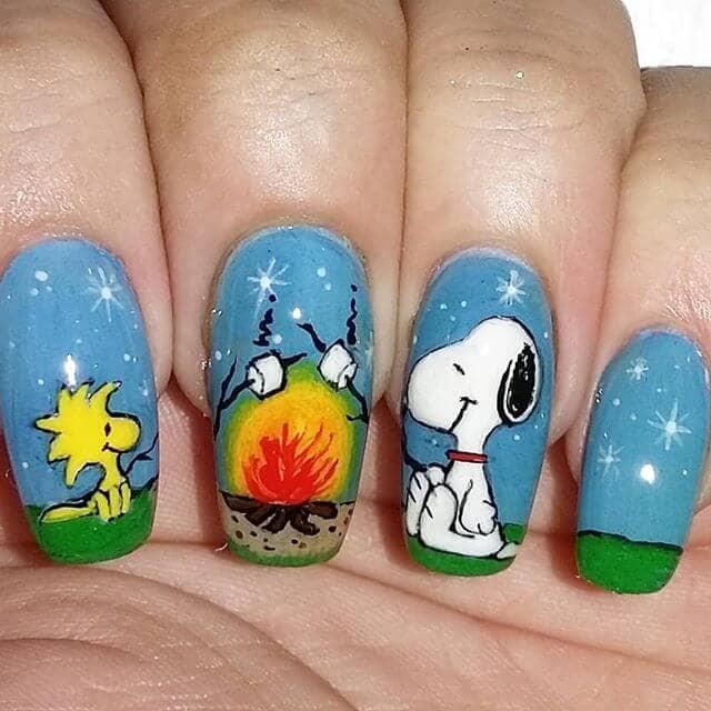 Snoopy and Woodstock at a Campfire