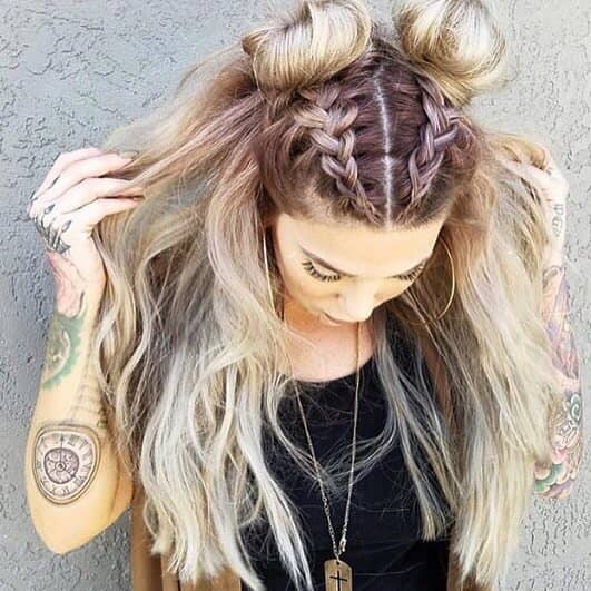 Rocker Chick Look with Two Buns French Braid Hairstyles