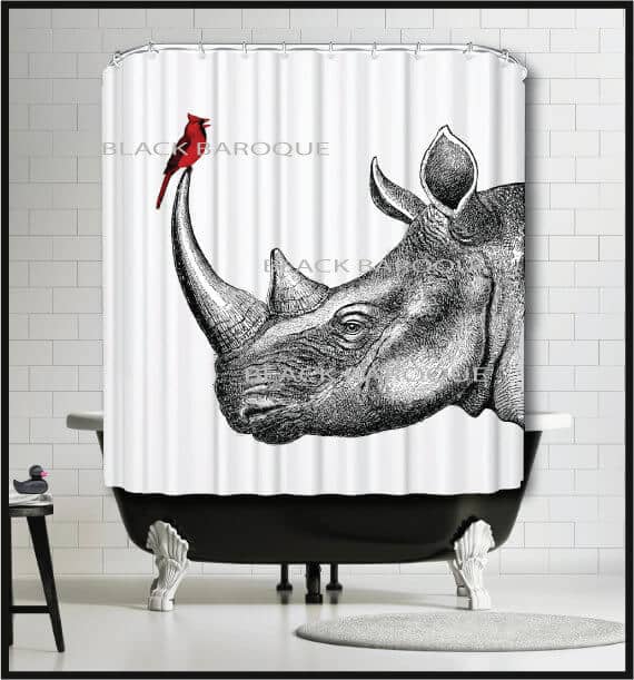Detailed Line Drawing Rhino and Cardinal Curtain for the Bathroom