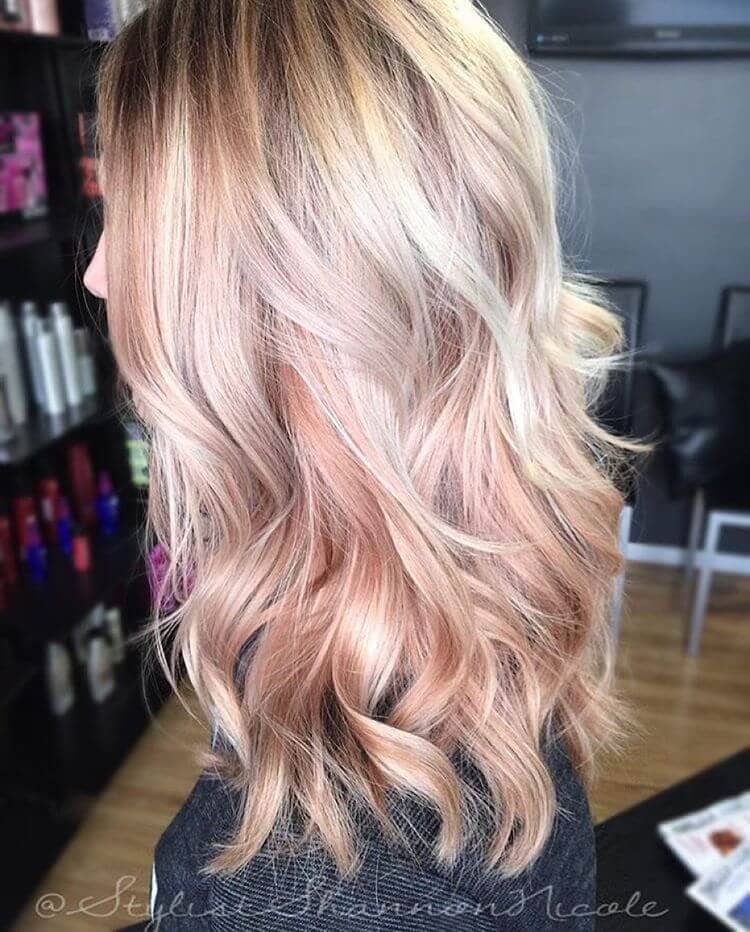 Layered Blonde and Warm Rose Gold Hair Balayage