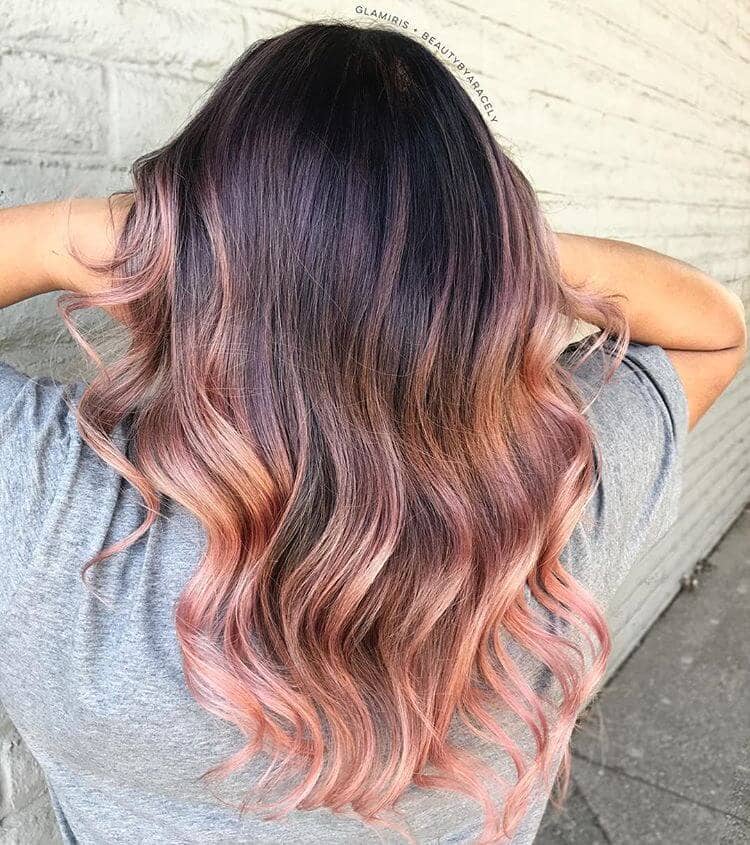 Brunette With Rose Gold Hair Ombre Curled Tips