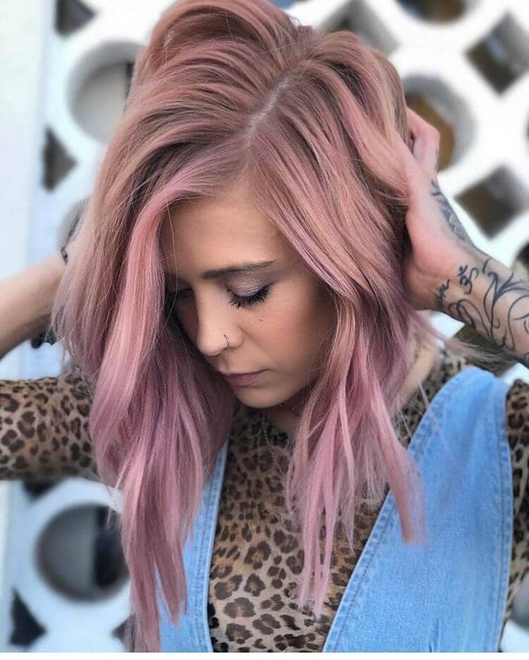 Soft Rose Gold Hair Full Color with Balayage Roots